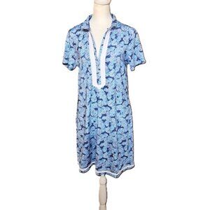 Cabana Life Blue and White Shell Print Twill Mini Dress UPF 50 - Size Medium